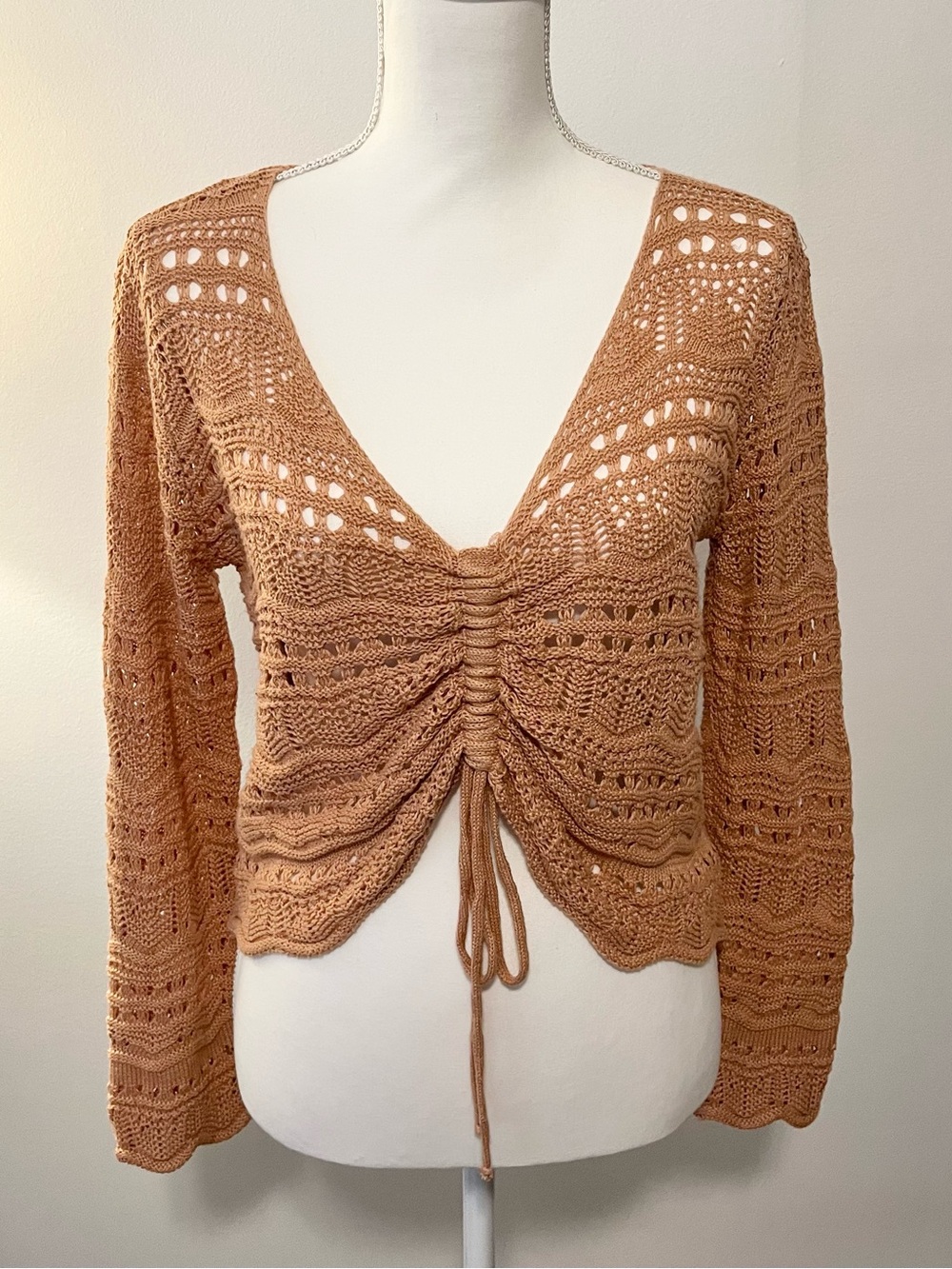 Lulus Crochet Knit Ruched Cropped Sweater Top in Terracotta Brown. Size Medium